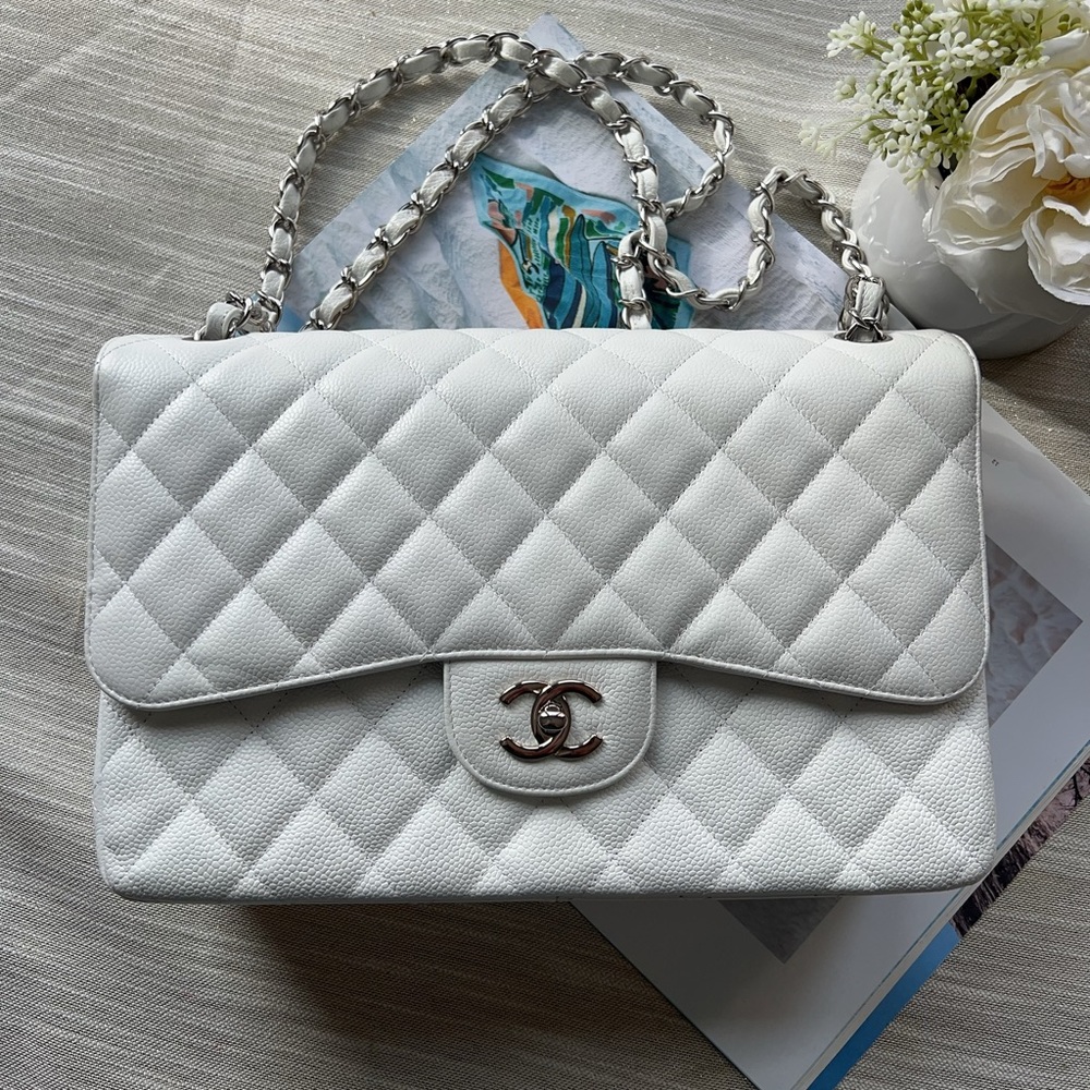 Chanel White Caviar Quilted Jumbo Classic Double Flap Bag